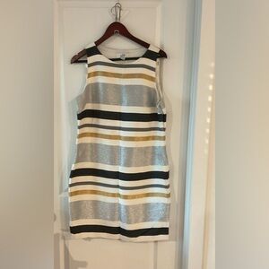 Badgley Mischka Striped Midi Dress - Gold, Silver, Black, White